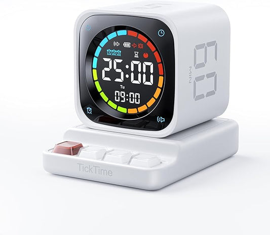 TK3 Pomodoro Timer Cube, Desk Productivity Timer with 5/10/30/60 Min Presets, Custom Countdown, Stopwatch, Clock, 3 Alarm, Silent, Vibrate & Sound Alert, for Task, ADHD, Study, Kitchen, White