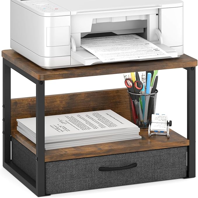 MARTY Printer Stand with Storage Drawer for Desk, 2-Tier Desktop Printer Stand Shelf Organzier for Home Office Printer Riser Under Desk Small Printer Table (Rustic Brown)