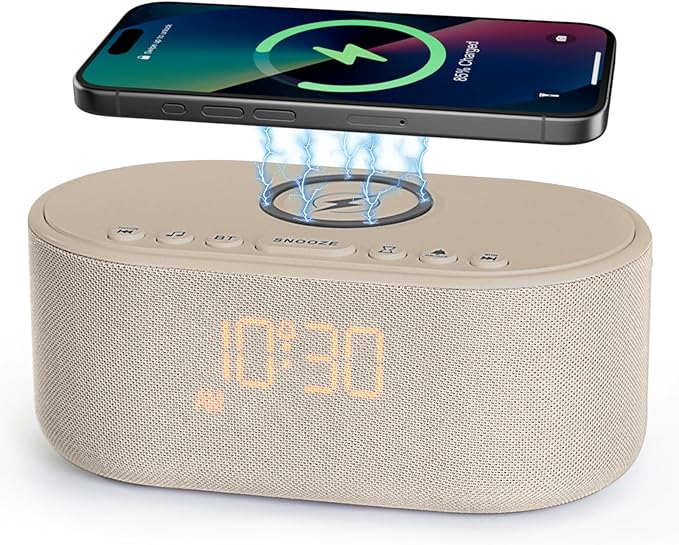 Sound Machine Alarm Clock for Bedrooms: Bluetooth 10W Stereo Sound Speaker with Wireless Charging - White Noise Machine for Sleeping with 21 Soothing Sounds - Putty