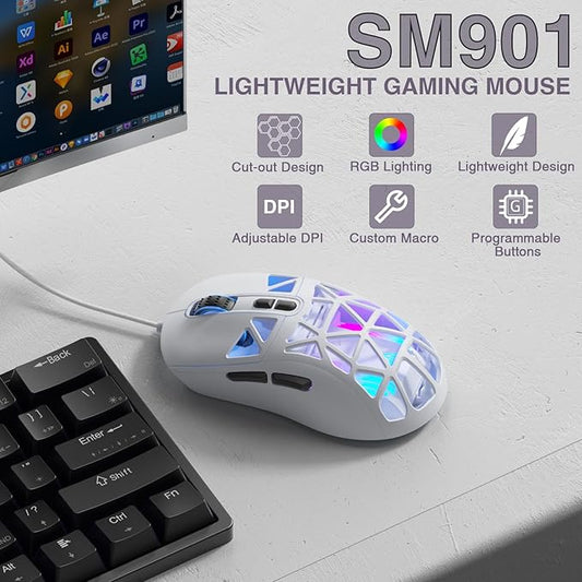 SM901 Gaming Mouse,13800DPI RGB Mouse with Programmable Buttons,53g Lightweight Wired Mouses for Gamer,White