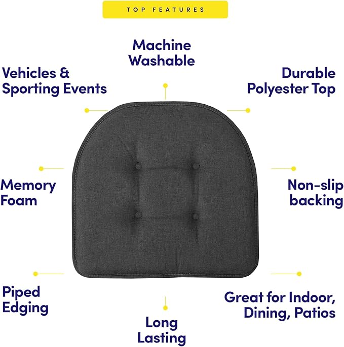 Sweet Home Collection Chair Cushion Memory Foam Pads Tufted Slip Non Skid Rubber Back U-Shaped 17" x 16" Seat Cover, 4 Count (Pack of 1), Charcoal Gray