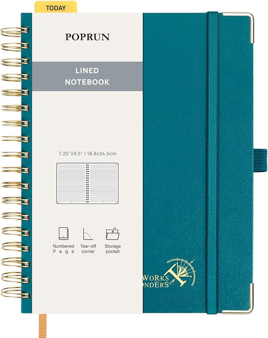 POPRUN Lined Spiral Journal Notebook for Women & Men, 7-1/4" x 9-1/2", 220 Numbered Pages, College Ruled Hardcover Notebook for Work, Journals for Writing, 120 GSM Thick Paper - Pacific Green