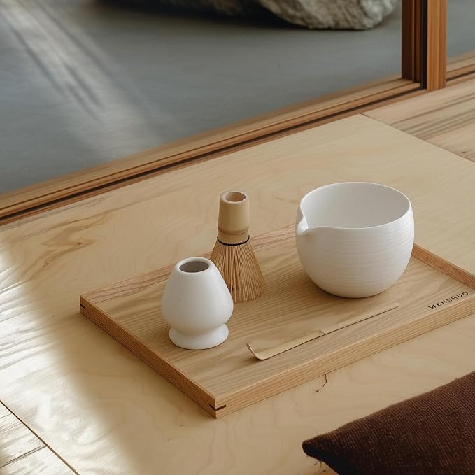 WENSHUO Matcha Whisk Set, Ceramic Matcha Bowl & Whisk Holder, Bamboo Accessory, Modern Design (Matte White, Pouring Spout)