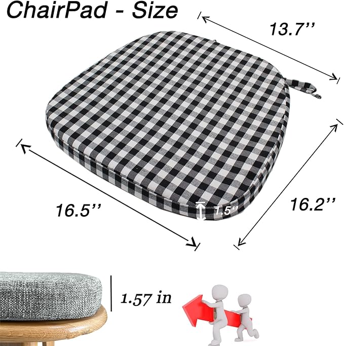 Collection Chair Cushion Memory Foam Pads with Ties - Kitchen Non Skid Rubber Back U Cushions with Machine Washable Cover (Small Black White,1)