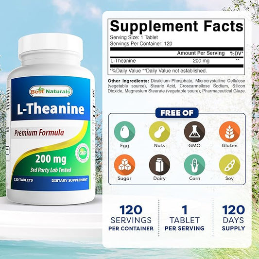 Best Naturals L-Theanine 200mg per Tablet (400mg per 2 Tablets) - Promotes Relaxation Without Drowsiness - 120 Vegetarian Tablets - (120 Count (Pack of 1))