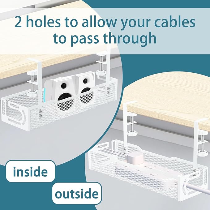 Under Desk Cable Management Tray, No Drill Mesh Desk Cable Tray, Wire Management Tray Cable Management Rack, Wire Organizer and Cable Management Box (White)