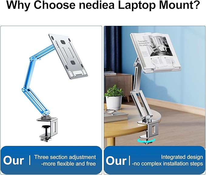 Laptop Mount for Desk, Tablet Arm Mount with 360° Rotating, Aluminum Laptop Tray Adjustable, Foldable Computer Stand/Holder, Fit for 11-17 Inch Laptops (Silver)