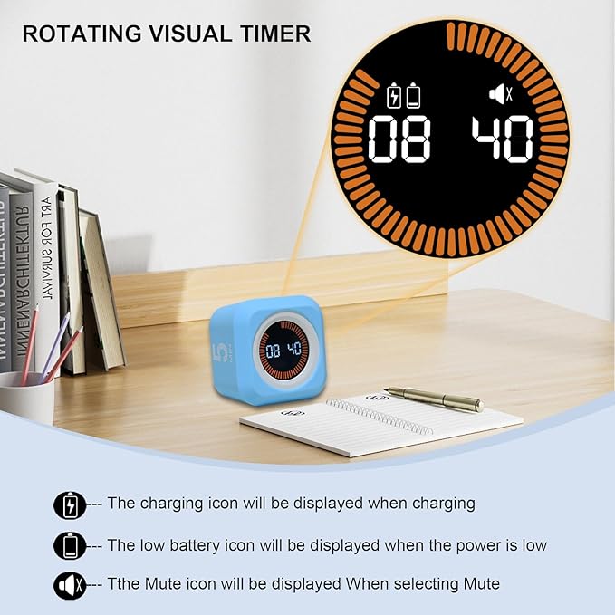 Rotating Cube Visual Timer 5, 25, 10 50 Minutes Preset + Custom Countdown, Rechargeable Desk Productivity Flip Timer with Detachable Silicone Cover for ADHD Study Work Kitchen School (Black)