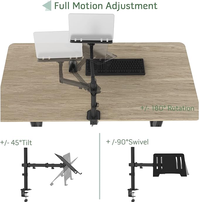 Laptop Desk Mount, Single Laptop Stand Arm with Vented Tray for 17 inch Notebook or 14”-32” Monitor, Holds up to 17.6 lbs, Fully Adjustable, Clamp/Grommet Mounting, VESA 75/100mm