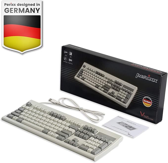 Perixx PERIBOARD-106M, Wired Performance Full-Size USB Keyboard, Curved Ergonomic Keys, Classic Retro Gray/White Color, US English Layout