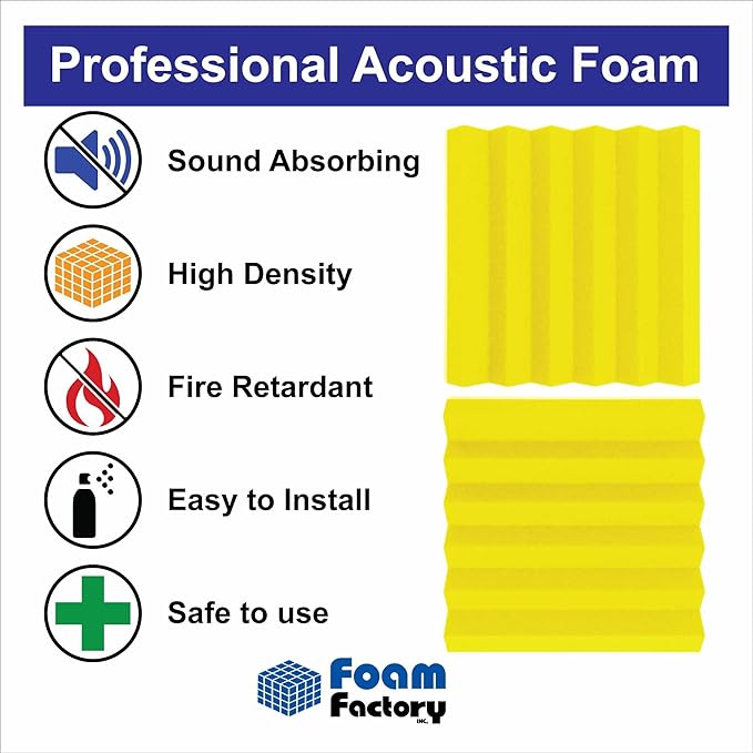 Foam Factory Inc 24 Pack Color Acoustic Foam Panel Studio Soundproofing Wedge Wall Tiles 12” X 12” X 2” (Yellow)