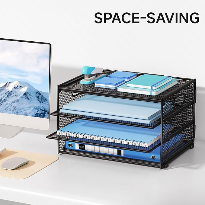 Lavatino 3-Tier Letter Tray Desk Organizer, Mesh Metal Paper File Tray Organizer for Desk, Office Supplies & Home Organization, Fits A4 Paper, Mail, Magazines & Office Accessories (Black with Handle)