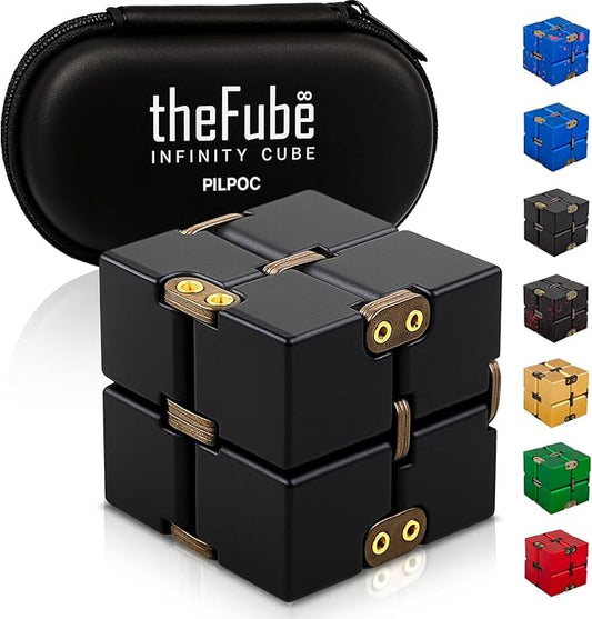 PILPOC theFube Infinity Cube Fidget Toys Adults - Aluminum Infinite Magic Cube with Case, Sturdy, Heavy, Relieve Stress and Anxiety, for ADD, ADHD, OCD (Black)