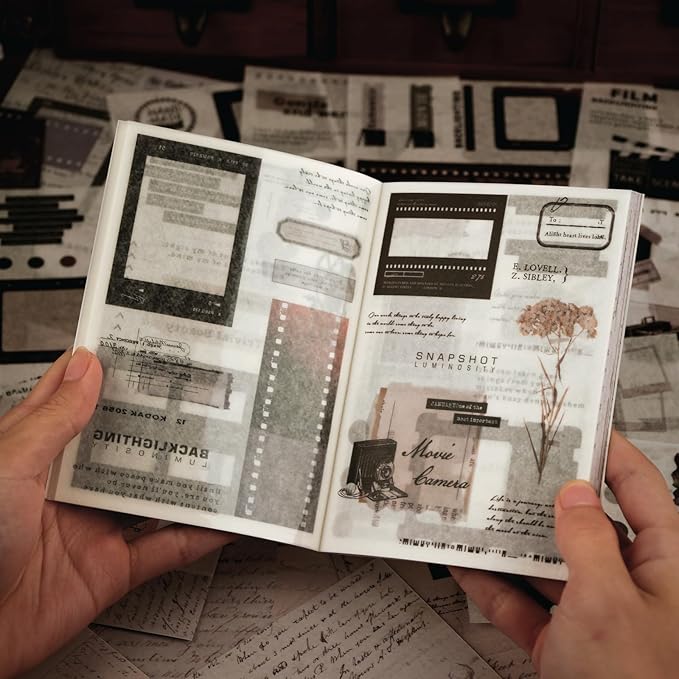 Dizdkizd Washi Stickers Book for Journaling, Vintage Scrapbook Ephemera with 180pcs Film Stickers and 20 Adhesive Scrapbooking Papers, Junk Journaling Supplies