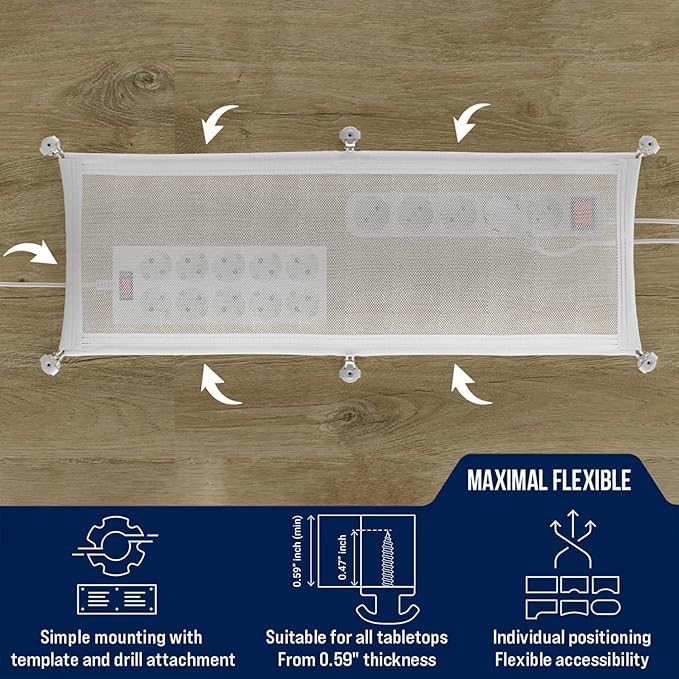 Cable Management net - Under Desk Wire Management - Flexible Under Desk Cable Management Tray White