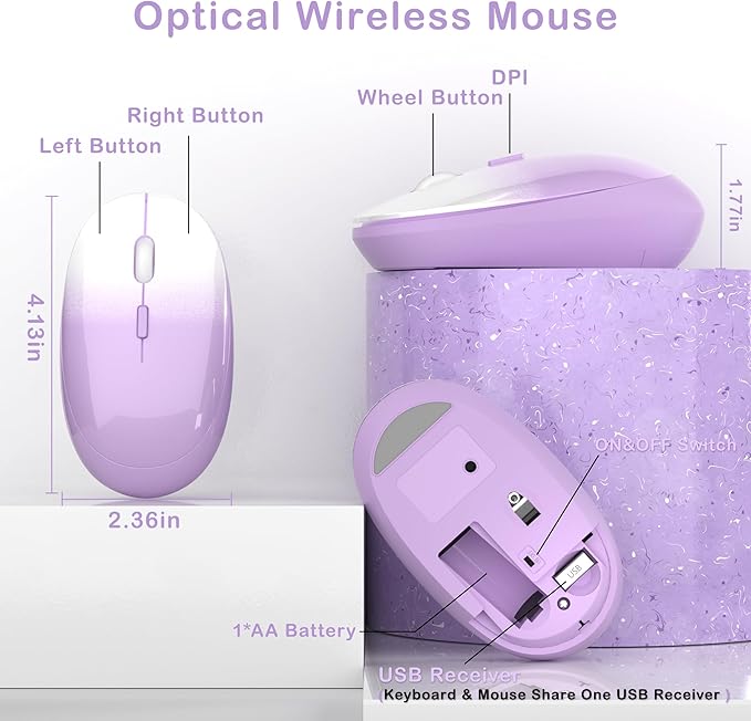 Colorful Wireless Keyboard and Mouse Combo, COVEVA 2.4GHz Wireless Retro Cute Round Keycaps Keyboard, 104 Keys Full-Sized Keyboard Mouse Set with Switch Button for PC Laptop Desktop (Purple Gradient)