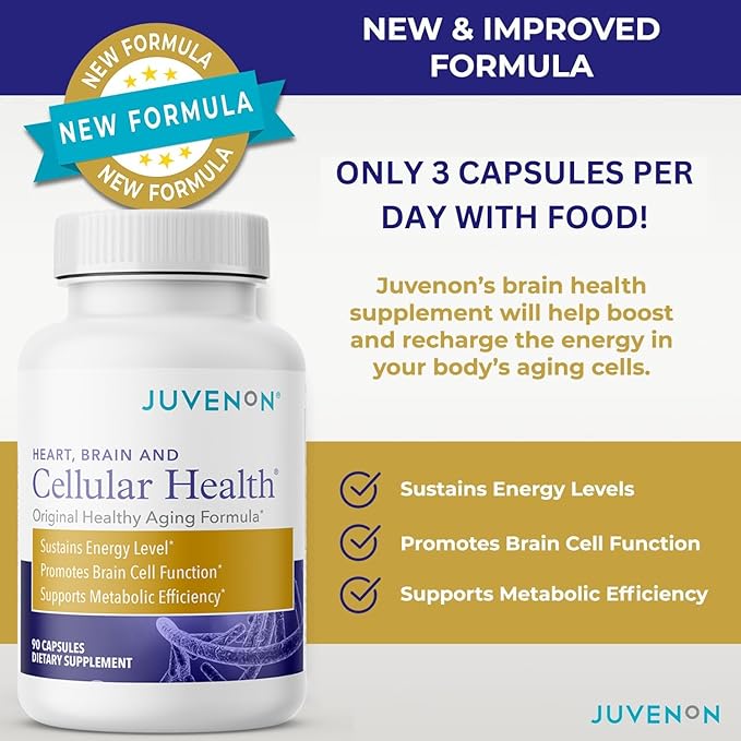 Juvenon Cellular Health | Heart, Brain Supplement with Acetyl L-Carnitine and Biotin - Supports NAD+ Function, Energy Production, Mood, Revitalized Metabolism, Mental Focus & Clarity (90 Capsules)
