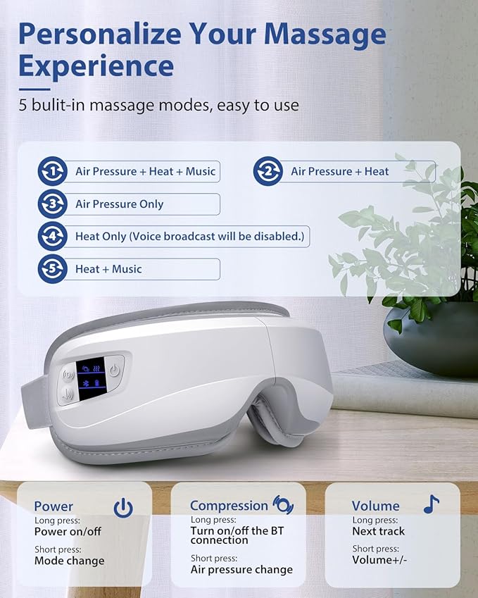 Eye Massager with Heat & Bluetooth Music, Birthday Gifts for Dad Mom Men Women, Heated Eye Mask for Migraines Relief, Reduce Strain, Headache Relief and Improve Sleep, Eye Care Device