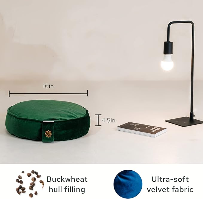 Mindful Modern Velvet Meditation Cushion | Luxe Zafu Yoga Floor Pillow Seat | Posture Support | Buckwheat Hull Filled | Large Round Cushion with Removable Washable Cover + Carry Handle