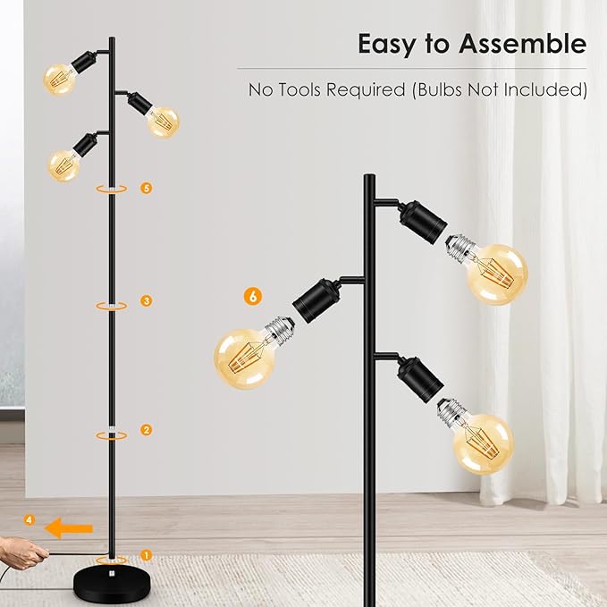 BoostArea Tree Floor Lamp, Industrial Floor Lamp, Modern Standing Lamp with Adjustable 3 Light, E26 Socket, Foot Switch, Minimalist Metal Stand Up Lamp Pole Lamps for Living Room, Bedroom(No Bulbs)