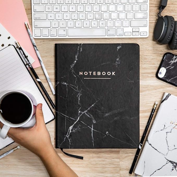 WORLD TRAVELER Eccolo Large Lined Journal Notebook, Hardbound Cover, Writing Journal, 256 Ruled White Pages, Ribbon Bookmark, Lay Flat, Desk Size for Work or School, Black Marble (8x10 inches)