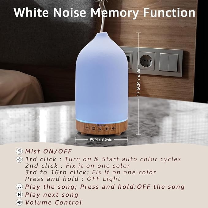 200ML White Noise Ceramic Diffuser,Sleep Sound Machine with 20 Natural Soothing Sounds, 7 Color Lights,Essential Oil Diffuser, Timer for Baby, Kids, Adults, Office, Home(White Grain) Upgrade