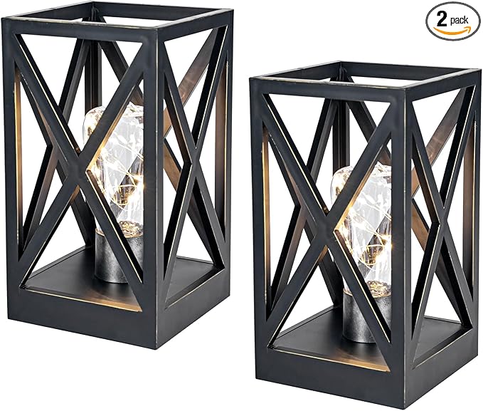 WINGBO 2 Pack Retro Battery Powered Table Lamps, Battery Operated Cordless Lamp Set, Portable Nightlight Decorative Light for Living Room Dining Room Bedroom Entryway Patio Backyard, Black Finish