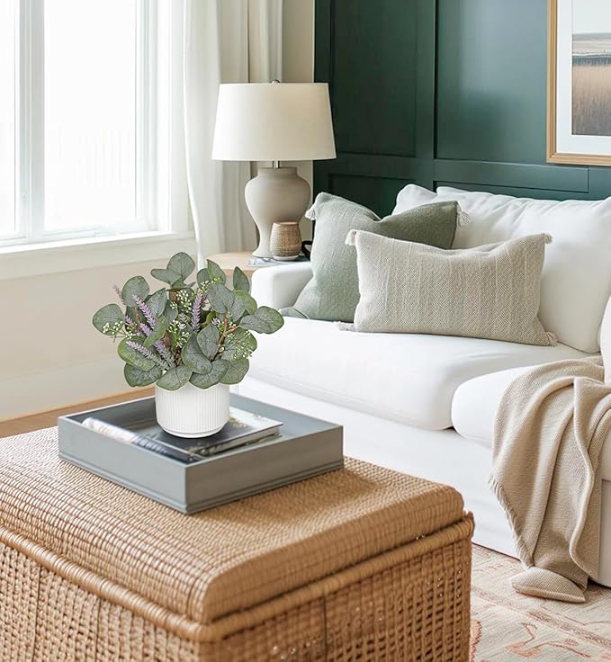 Small Artificial Plants Indoor, 9.8" Faux Eucalyptus Stems in Ceramic Pot for Table, Desk, Shelf, Fake Potted Plants Eucalyptus Leaves with Lavender for Centerpieces, Living Room, Bathroom, Bedroom