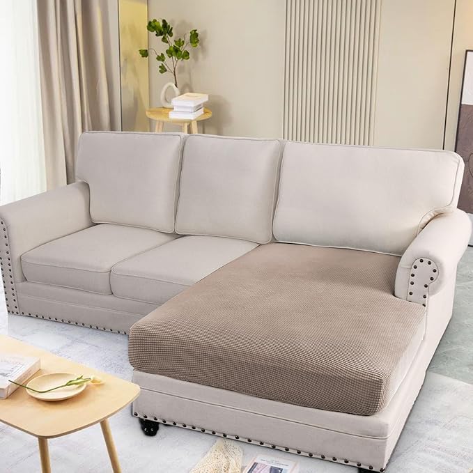 H.VERSAILTEX Super Stretch Individual Chaise Cover Sectional Couch Covers for L Shaped Sofa Both Left/Right Featuring Thick Jacquard Textured Twill Fabric (1 Piece Chaise Cover Large, Sand)