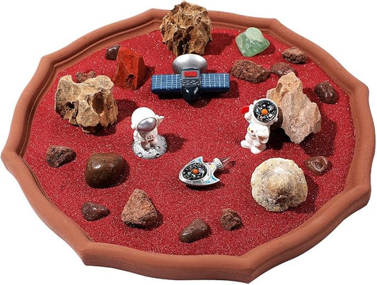 Desktop Zen Garden Kit -Mars Space Exploration Themed Zen Decor Sand,Astronaut Statue Figurines,Irregular Red Raw Sandstone Sand Tabletop Decoration,Zen Office Desktop Decoration Gift (Red)