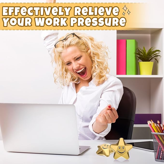 Deekin 36 Pieces Star Stress Balls Mini Foam Ball Stress Relief Toys for Teens and Adults Student Bag Fillers, Gold(Smile,3.1 Inch)