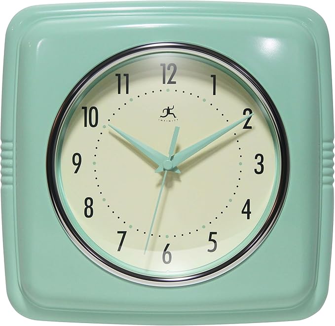 Infinity Instruments Square Retro Wall Clock, Pastel Green, 9.25"