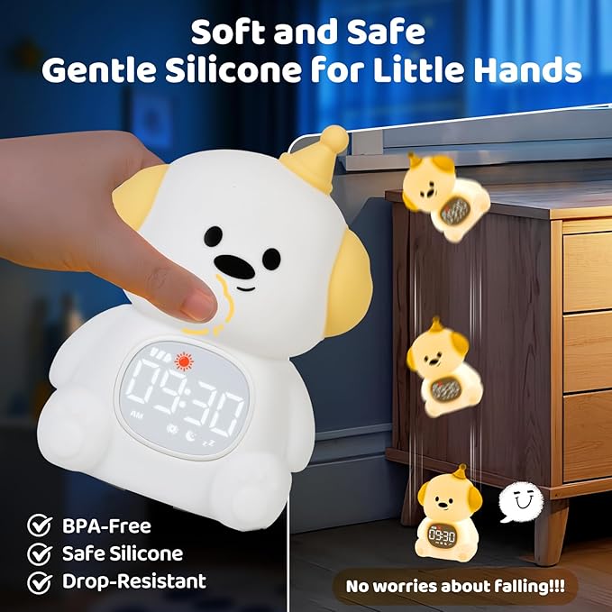 Dog Alarm Clock with Night Light for Kids with Sleep Training and Sound Machine, Rechargeable Silicone Lamp OK to Wake Clock，Cute Animal Tabletop Lamp, Perfect Sleep Companion for Boys Girls