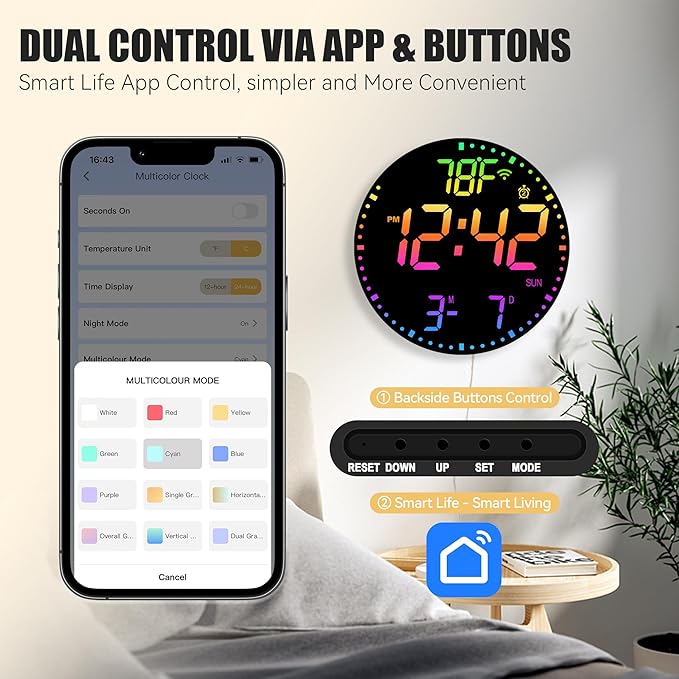 Kasbin 12” Digital Wall Clock with App Control, Large LED, WiFi Sync, Date Temperature, Auto Brightness, Seconds Display, Dual Alarm, 12 RGB Colors for Living Room, Office, Bedroom, Gift for Elderly