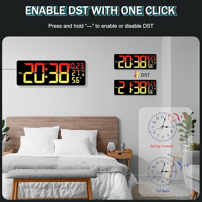 JoFomp 17.3" Large Digital Wall Clock, LED Digital Clock Large Display with Remote Control, Alarm Clock with Temp/DST/Dimmer/Humidity/Timer/Ambient Light - 12/24H, Alarm Wall Clock for Bedroom
