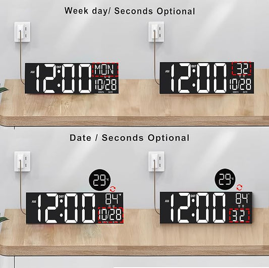 JALL 30" Large Digital Wall Mount Clock with Remote Control, Alarm, Huge Giant Big LED, Countdown, Auto DST, Temperature for Living Room Classroom Desk, Xmas, Birthday Gift, White