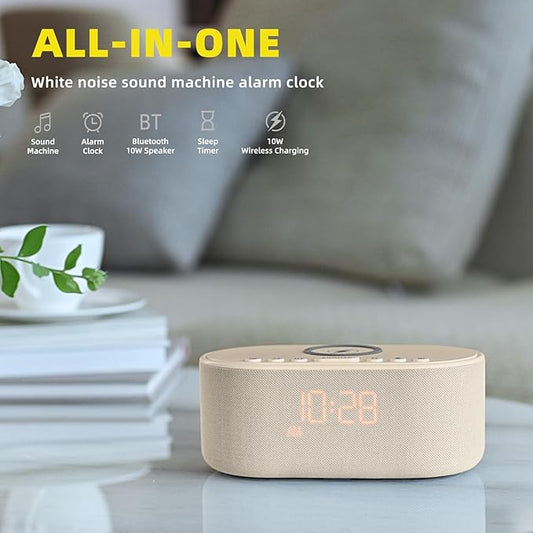 Sound Machine Alarm Clock for Bedrooms: Bluetooth 10W Stereo Sound Speaker with Wireless Charging - White Noise Machine for Sleeping with 21 Soothing Sounds - Putty
