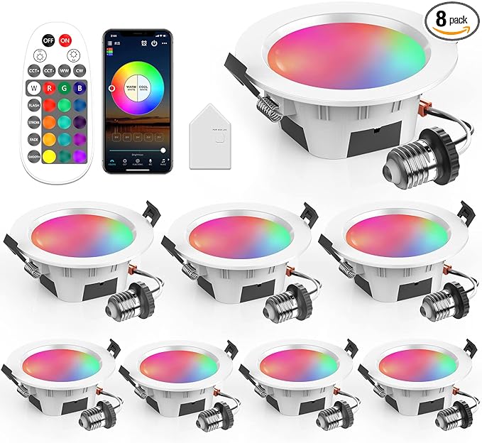 Smart Recessed Lighting 3 Inch, Dimmable, Tunable 2700K~6500K, CRI80+, RGB Color Changing LED Downlight Compatible with Alexa Google Home, Remote Control Small Canless Light, 8Pack