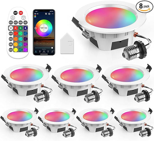 Smart Recessed Lighting 3 Inch, Dimmable, Tunable 2700K~6500K, CRI80+, RGB Color Changing LED Downlight Compatible with Alexa Google Home, Remote Control Small Canless Light, 8Pack
