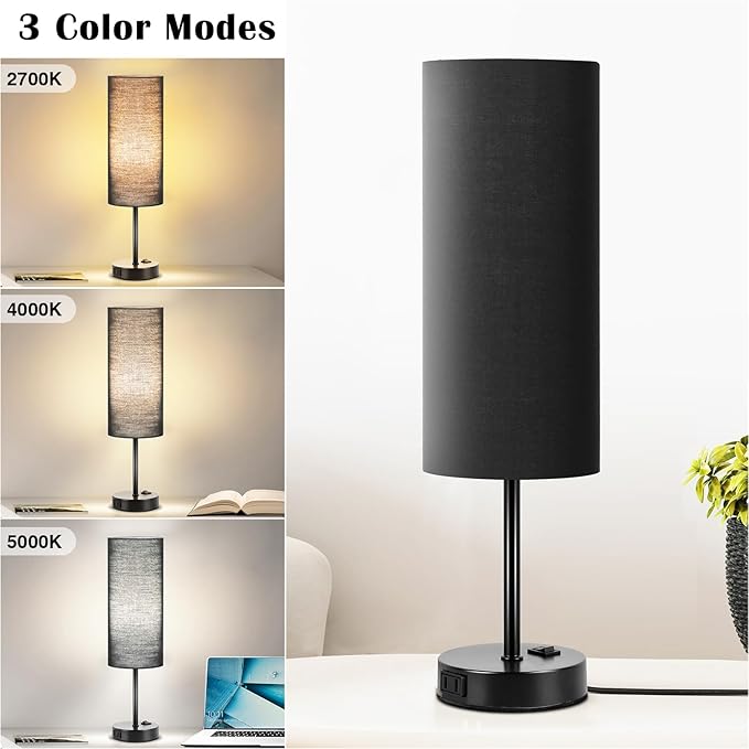 ZJOJO Table Lamp for Bedroom 2 Pack,18in Bedside Lamps with 3 Way Dimmable Rocker Switch & AC Outlet,Nightstand Desk Lamp with Black Fabric Shade Black Base for Living Room Home Decor Lights