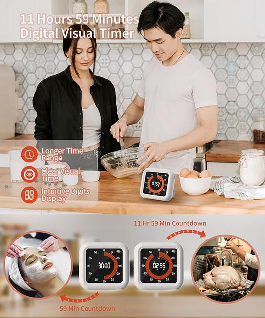 Digital Visual Timer - Max 11H 59M Rechargeable Countdown Timer with VA Display, Clear Digits, Adjustable Volume and Brightness, Magnetic Digital Timer for Kitchen, Classroom, Office (White)