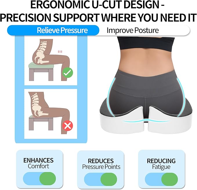 Car Seat Cushion,U-Shaped Memory Foam Seat Cushion for Back Pain Relief - 2.8In Thick Ergonomic Car & Office Chair Pad with Coccyx Cutout, Removable Cover,Universal Fit, Easy to Install(Black)