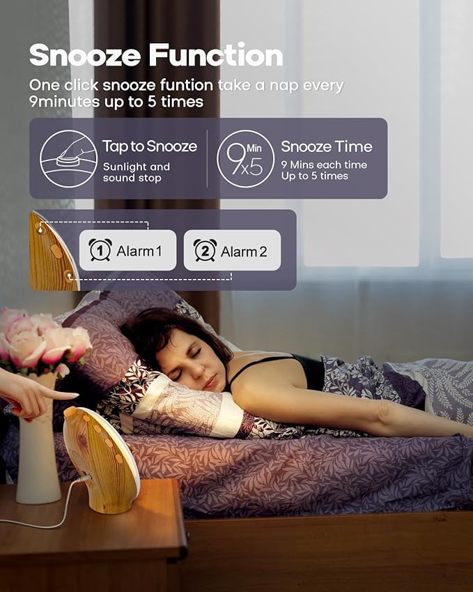 Dekala Sunrise Alarm Clock for Heavy Sleepers, Wood Grain Wake up Light Sunset Simulation, 7 Nature Sounds, Dual Alarms, Colorful Ambient Lamp, FM Radio, Snooze, Sleep Aid for Kids & Adults Bedroom