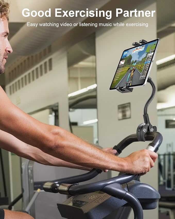 woleyi Gooseneck Treadmill Tablet Holder, Exercise Bike Handlebar Clamp for Spin Bike Peloton, Indoor Stationary Bicycle, Elliptical, Stroller for 4.7-13" iPad Pro Air Mini, Phone, Galaxy, Fire, Ebook
