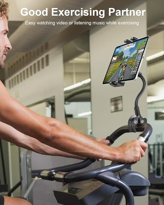 woleyi Gooseneck Treadmill Tablet Holder, Exercise Bike Handlebar Clamp for Spin Bike Peloton, Indoor Stationary Bicycle, Elliptical, Stroller for 4.7-13" iPad Pro Air Mini, Phone, Galaxy, Fire, Ebook