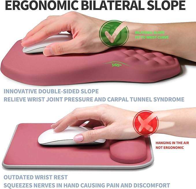 Ergonomic Raised Mouse Pad Wrist Support with Bilateral Slope Memory Foam Mousepad for Wrist Rest and Carpal Tunnel Pain Relief 11.8x7.9〃 Melon Pink