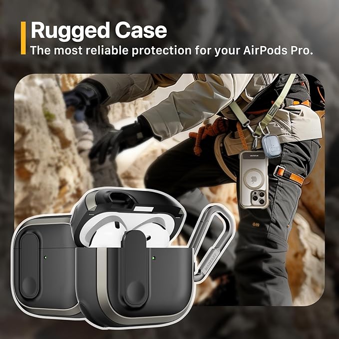 MAGEASY Design for AirPods 4 Case Cover - Rugged AirPods 4 Case with Lock | Work with Cable & Wireless Charging (Only ANC Charge Wirelessly) | Include Carabiner - Odyssey, Metal Green