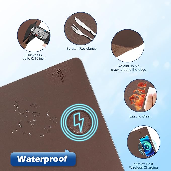 Wireless Charging Desk Mat with Desk Pad for Desktop Charging Large Mouse Pad Waterproof Leather Computer Mat Mouse Pad Non-Slip Protector on Top of Desks for Keyboard and Mouse (brown-r, 32*16inch)