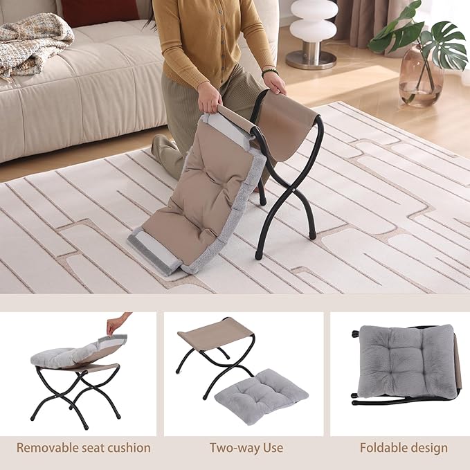 Welnow Folding Foot Stool, Upholstered Small Accent Ottoman with Detachable Thick Cotton Cushion Padded Sofa Stool and Metal Frame for Lazy Chair, Living Room, Bedroom, Plush Grey