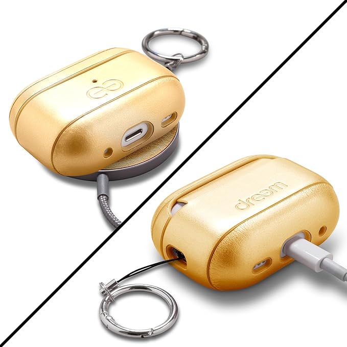 Dreem Om Case Cover with Keychain Clip Compatible with AirPods Pro 2/Pro, Protective One-Piece Hard Shell, Luxury Vegan Leather AirPod Pro Case 2nd/1st Generation with Separate Clip [Gold]